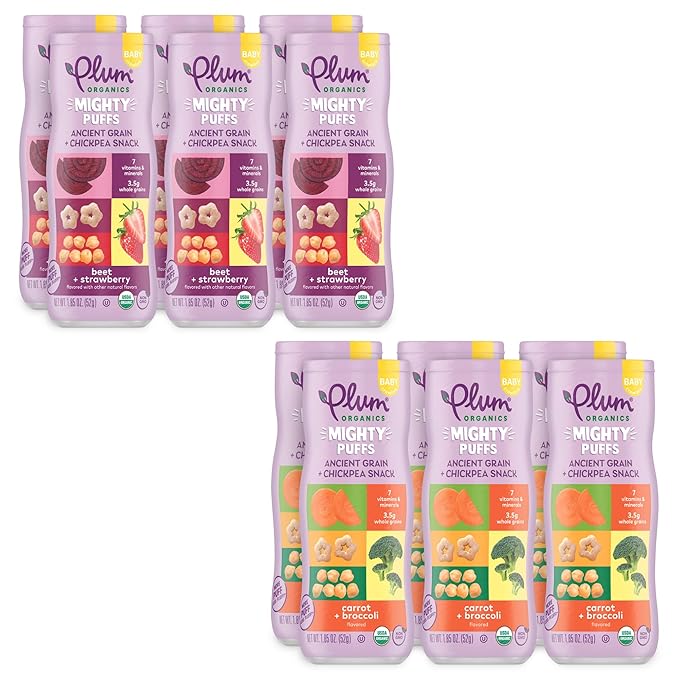 Plum Organics Mighty Puffs Snack For Babies - 12ct Bundle - Includes Beet & Strawberry (Pack of 6) and Carrot & Broccoli (Pack of 6) - Ancient Grain & Chickpea Snacks