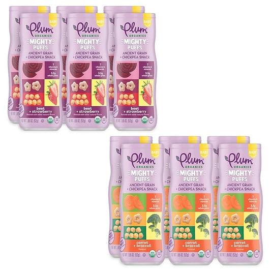 Plum Organics Mighty Puffs Snack For Babies - 12ct Bundle - Includes Beet & Strawberry (Pack of 6) and Carrot & Broccoli (Pack of 6) - Ancient Grain & Chickpea Snacks