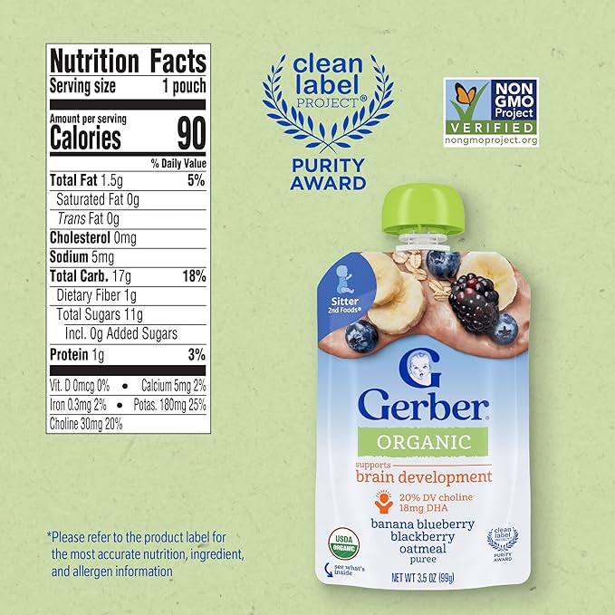Gerber Organic Baby Food Pouches, 2nd Foods for Sitter, WonderFoods, Banana Blueberry Blackberry Oatmeal, 3.5 Ounce (Pack of 12)