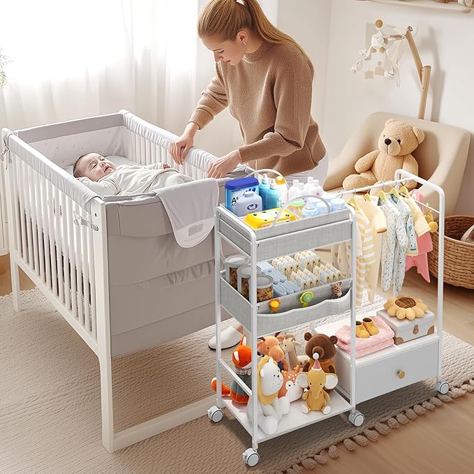 BBLIKE 3in1 Diaper Caddy Organizer - Diaper Caddy & Rolling Diaper Cart with Kids Clothing Rack for Nursery and Baby Essentials, Multi-Function Utility Cart for Bedroom and Bathroom, White