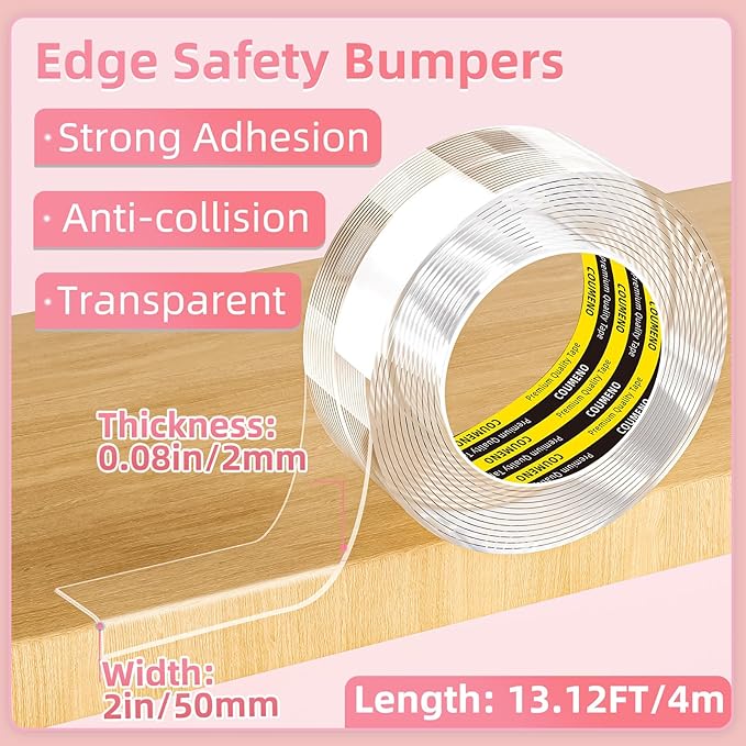 Clear Edge Protector & Corner Guards 2in(W) x 13.4FT（L, Baby Proof Corner Protectors for Furniture,Table Bumper for Baby Safety, Sharp Edge Protector for Drawers, Tables, Cabinets