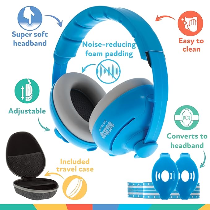Nuby Soft Sounds 2-in-1 Noise-Canceling Baby Earmuffs with Travel Case - Adjustable Noise Protection for Infants and Toddlers - Blue