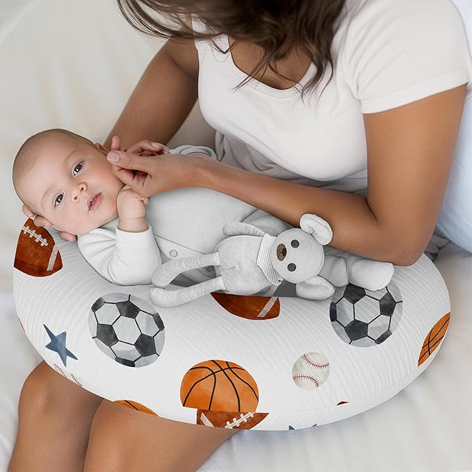 Sweet Jojo Designs 2-Piece Muslin Nursing Pillow Covers Set (Sports Theme) for Newborn Baby Boys 100% Cotton Breastfeeding Pillowcases-PILLOW NOT INCLUDED (Solid Blue, Watercolor Vintage Sport Themed)
