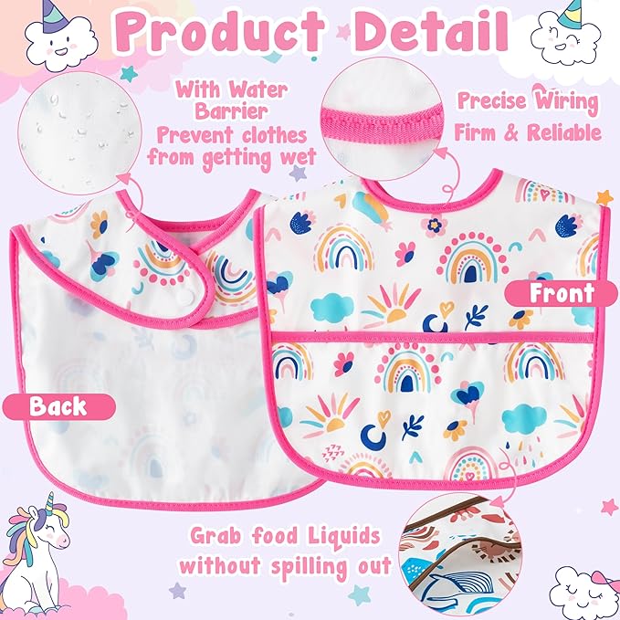 Baby Bibs for Eating - 6Pcs Toddler Waterproof Feeding Bibs with Crumb Catcher Pocket Adjustable Sleeveless Teething Plastic Food Bib Set Infant Keepsake Gift for Baby Shower, 6-24 Months