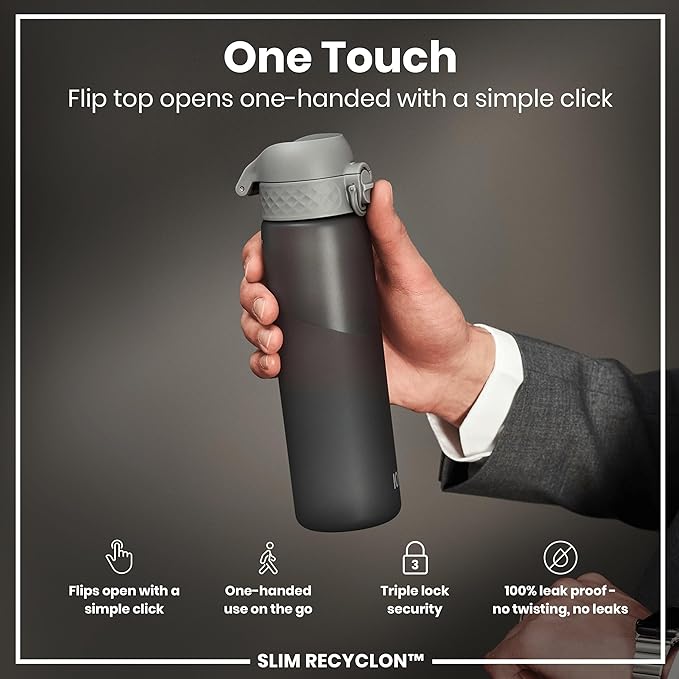 Ion8 Water Bottle, 500 ml/18 oz, Leak Proof, Easy to Open, Secure Lock, Dishwasher Safe, BPA Free, Hygienic Flip Cover, Carry Handle, Fits Cup Holders, Easy Clean, Odor Free, Carbon Neutral, Grey