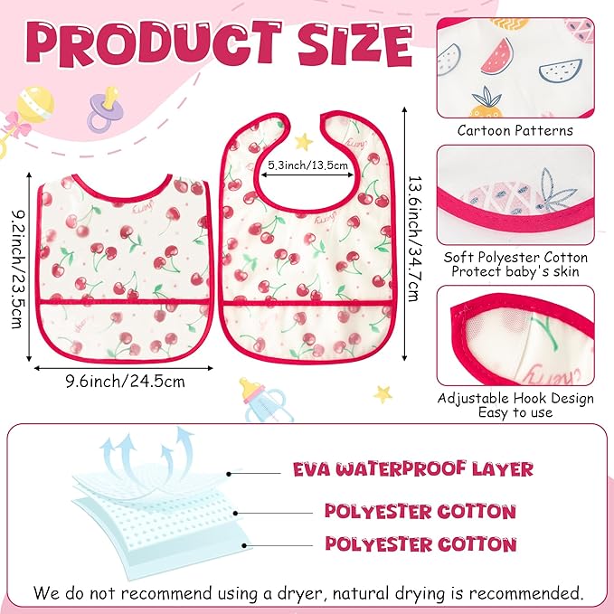 6Pcs Baby Bibs for Eating Toddler Feeding Bibs with Crumb Catcher Pocket Fruit Adjustable Sleeveless Teething Plastic Food Bib Set Waterproof Infant Keepsake Gift for Baby Shower, 6-24 Months