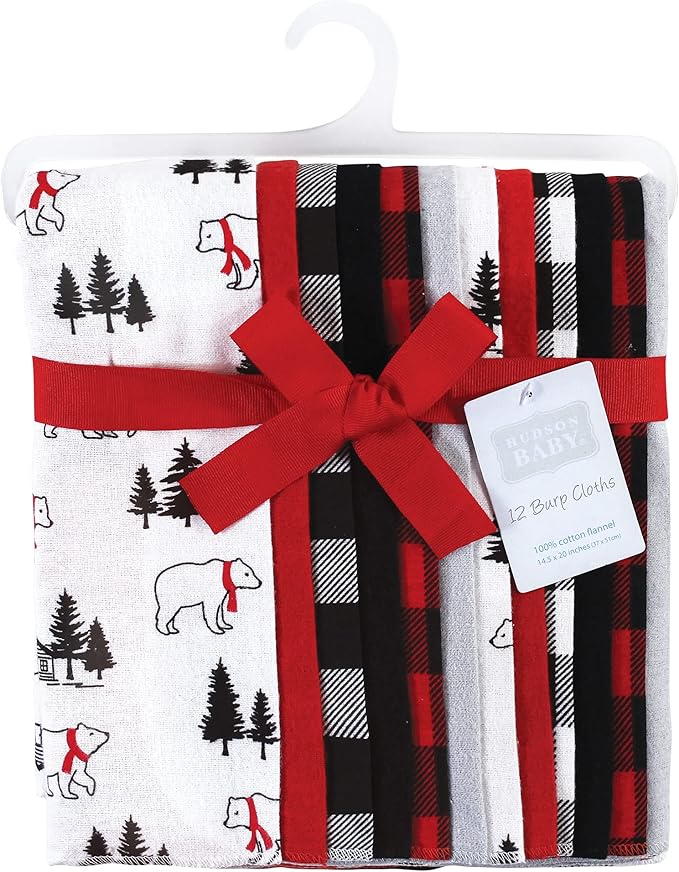 Hudson Baby Unisex Baby Cotton Flannel Burp Cloths Bundle, Buffalo Plaid Bear, One Size