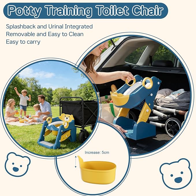 Potty Training Seat,Toddler Toilet Seat for Boys Girls,3-in-1 Potty Training Toilet and Chair with Step Stool Ladder,Anti-Slip Height Adjustable Foldable Splash Guard for Kids (Blue Yellow)