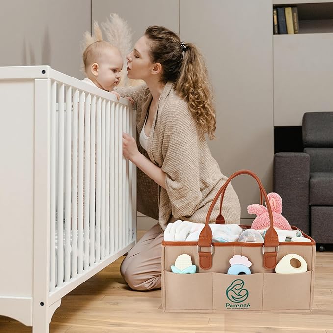 Diaper Caddy Organizer for Baby Essentials, Portable Nursery Storage Bin with Handles, Large Capacity for Diapers, Wipes, Toys, Changing Table or Car, Felt Diaper Organizer