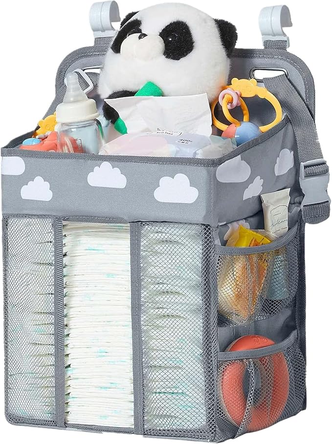 Baby Diaper Caddy Organizer, Multi-Compartment Nursery Baby Diaper Caddy with Adjustable Straps, Portable Hanging Diaper Stacker for Stroller, Car, Travel, Nursery (Grey)