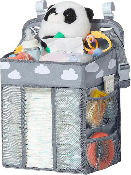 Baby Diaper Caddy Organizer, Multi-Compartment Nursery Baby Diaper Caddy with Adjustable Straps, Portable Hanging Diaper Stacker for Stroller, Car, Travel, Nursery (Grey)