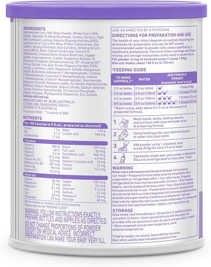 Bubs Essential Infant Formula, with Iron, Cow Milk-Based Powder, for Infants 0-12 Months, Made with Non-GMO Milk, 20 oz