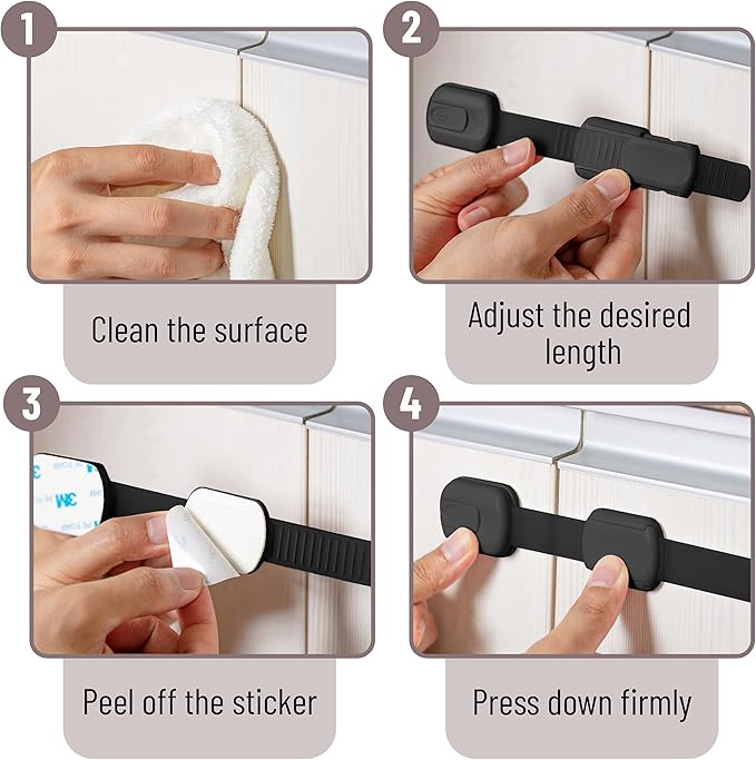 Bates- Child Safety Strap Locks, 16 Pack, Black, Baby Cabinet Locks with Adjustable Strap Length