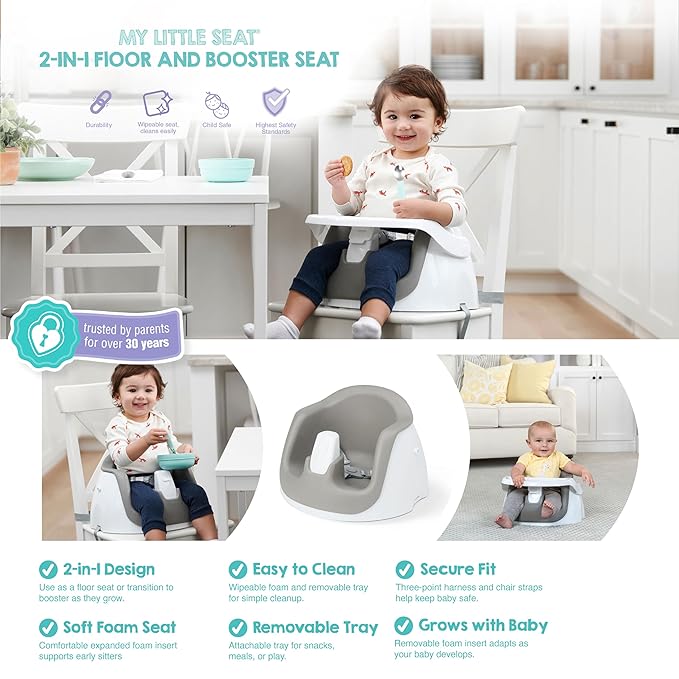 Regalo 2-in-1 Baby Floor Seat & Booster Seat with Tray, Sit-Up Support Chair for Infants & Toddlers, Portable Feeding Seat with Harness, Grow-with-Me Design, Indoor & Outdoor, White/Gray