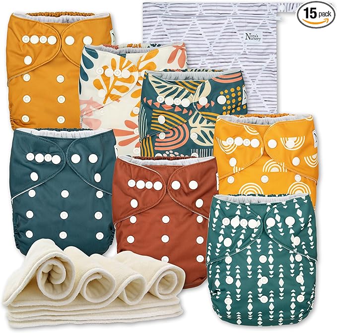 Nora's Nursery Cloth Diapers 7 Pack with 7 Inserts & 1 Wet Bag - Waterproof Cover, Washable, Reusable & One Size Adjustable Pocket Diapers for Newborns and Toddlers - The Keys