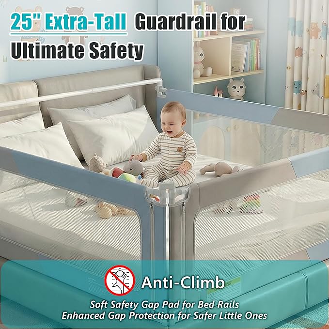 Queen Size Baby Bed Rail Guard – Extra Tall Safety Bedside Rail with Headboard Rod for Toddlers, Adjustable No-Gap Design, 3 Panels (2×78.7″ + 1×59″), Gray & Light Blue