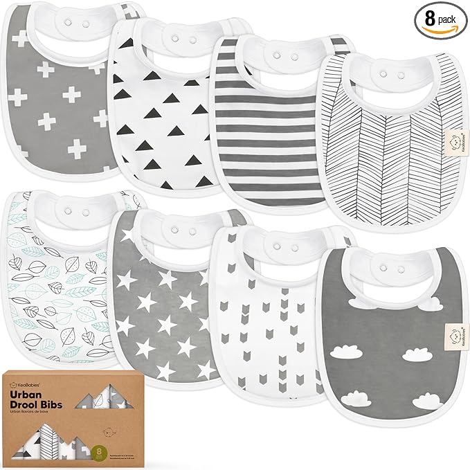 8-Pack Organic Baby Bibs for Boys, Girls - Soft Cotton Drooling and Teething Bibs for Baby Girl & Boy, Extra Absorbent, Easy To Clean & Put On for Toddler, Newborn, Infant 0-24 Months (Grayscape)