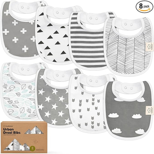 8-Pack Organic Baby Bibs for Boys, Girls - Soft Cotton Drooling and Teething Bibs for Baby Girl & Boy, Extra Absorbent, Easy To Clean & Put On for Toddler, Newborn, Infant 0-24 Months (Grayscape)