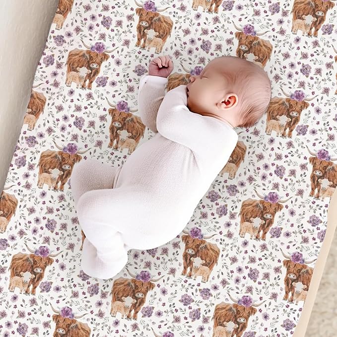Watercolor Western Farm Cows Flowers Floral Pattern Baby Changing Pad Cover, Unisex Highland Cow Nursery Diaper Changing Table Pad Mat Sheet for Boys Girls-16x32