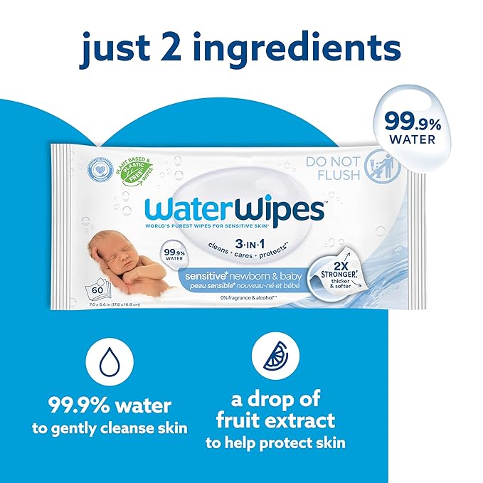 WaterWipes Sensitive+ Newborn & Baby Wipes, 3-In-1 Cleans, Cares, Protects, 99.9% Water, Unscented & Hypoallergenic, 60 Count (24 Packs)