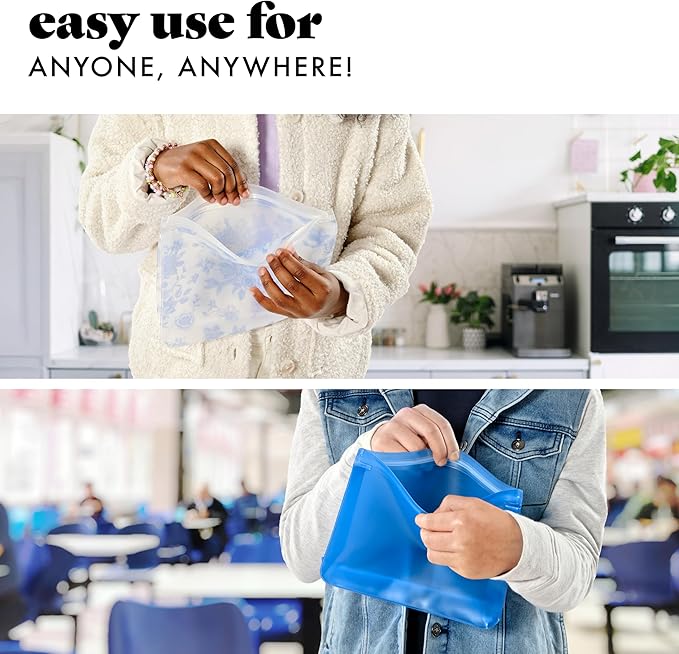 Fit & Fresh Reusable Sandwich Bags (3 Pack) – Leakproof Reusable Food Storage Bags, BPA-Free, Freezer Safe, Eco Friendly Bags for Snacks, Lunch, Meal Prep, Blue Floral Toile