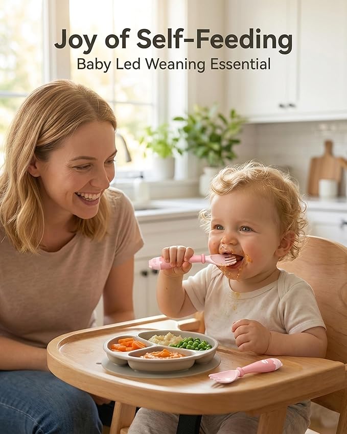 Deejoy Toddler Utensils, Self-feeding Flatware Set withTravel Case, Baby Spoons and Forks with Silicone Bendable Handle, Easy Grip Heat-Resistant, Ideal for Kids, Stage 2 Pink