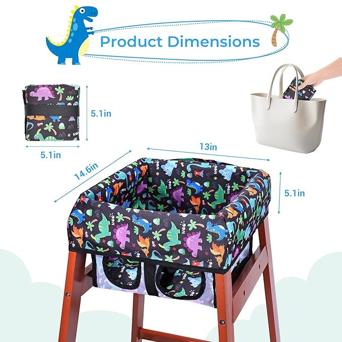 COOLBEBE Baby High Chair Cover with 3-Point Harness, Waterproof & Machine Washable Portable Seat Cover, Fits Wooden Chairs for Restaurant, Travel, Home & Dining Out, Black Dinosaur