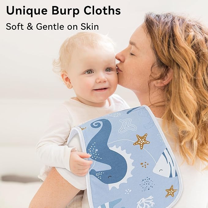 Yoofoss Baby Burp Cloths 100% Organic Cotton 5 Pack Burping Cloths for Babies Boys Girls Large 21''X10'' Extra Soft and Absorbent Ocean