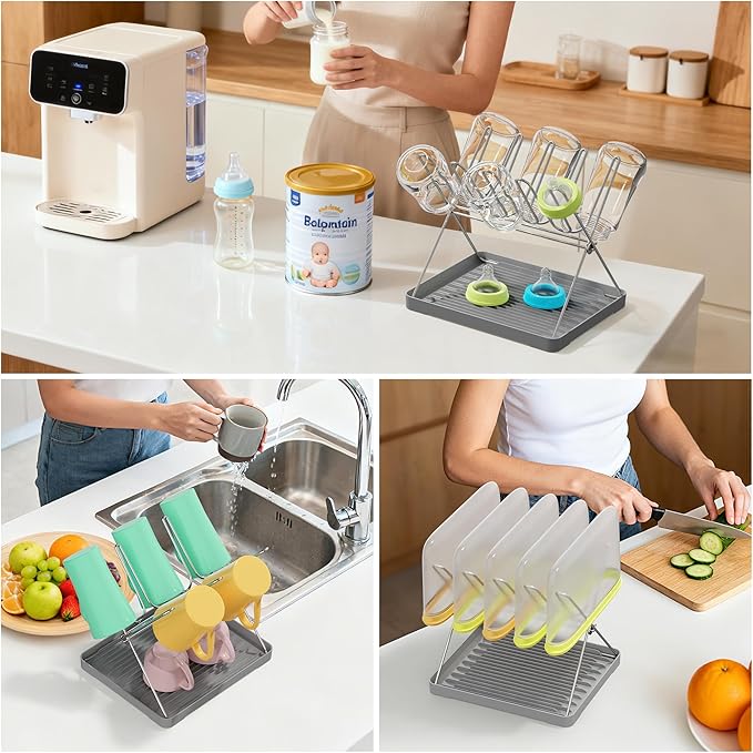 Bottle Drying Rack, Stainless Steel Foldable Water Bottle Drying Rack Organizer with Drain Tray for Baby Bottles, Cups, Mugs and Glass, Baby Bottles Dryer Countertop, Stainless Steel