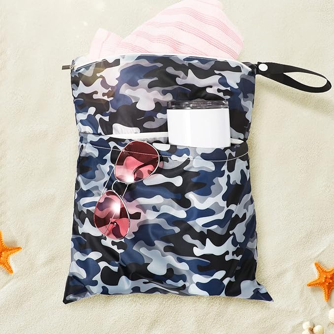 Frienda 4 Pieces Cloth Diaper Wet Dry Bag, Waterproof Reusable Washable Bag for Baby Items and Travel Zippered Pockets with Handle, Beach, Swimsuit, Dirty Gym Clothes and Toiletries(Camouflage)