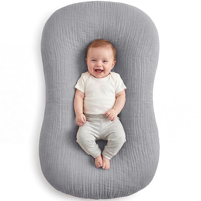 Muslin Baby Lounger Cover 1 Pack, Cotton Soft Breathable Infant Nest Slipcover, Envelope Closure, Compatible with Snuggle Me Loungers, Machine Washable, Cover Only, for Boys Girls(Gray)