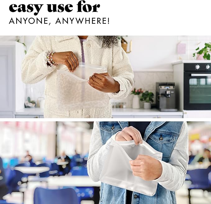 Fit & Fresh Reusable Sandwich Bags (3 Pack) – Leakproof Reusable Food Storage Bags, BPA-Free, Freezer Safe, Eco Friendly Bags for Snacks, Lunch, Meal Prep, Ivory Feline Fine