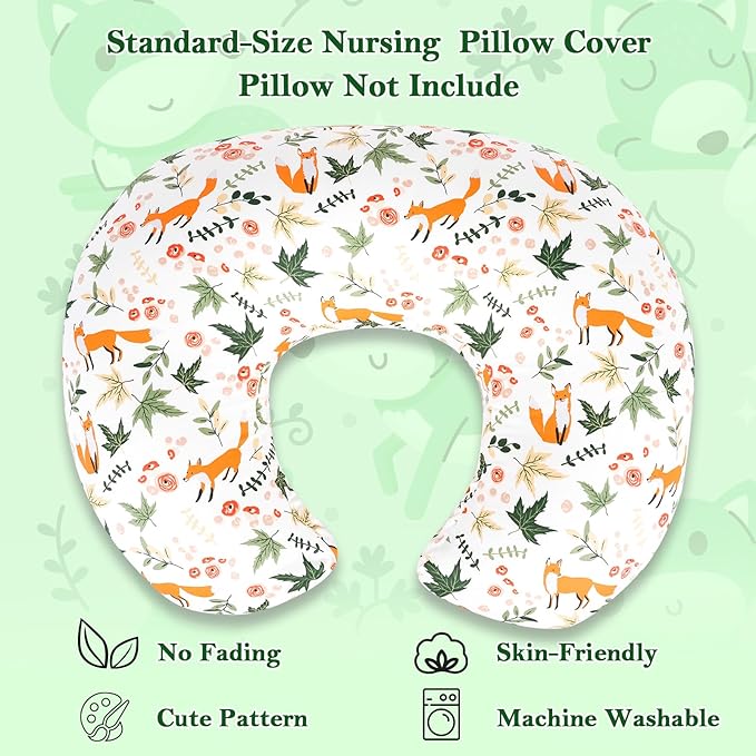 Nursing Pillow Cover, Fits Standard Breastfeeding Pillows – Ultra Soft Cotton, Breathable, Hypoallergenic & Washable – Adorable Fox Pattern for Newborn Baby Girls & Boys (1 Pack, Cover Only)