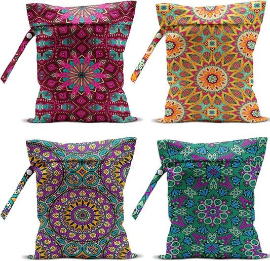 4 Pack Boho Mandala Floral Lover Gift Wet Bag Waterproof Washable Reusable Wet Dry Bag for Swimsuit Clothes Cloth Diaper Travel Pool Yoga Toiletries Gift for Women Sister Bestie Birthday Christmas