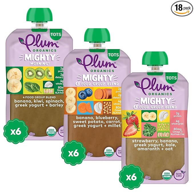 Plum Organics Variety Pack, 12+ Months – Toddler Healthy Snack – 4 Food Group Blend of Organic Fruit & Veggie Pouches – 4 oz Pouch, Pack of 18 (Amazon Exclusive)