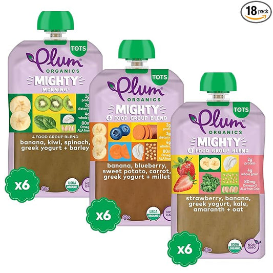 Plum Organics Variety Pack, 12+ Months – Toddler Healthy Snack – 4 Food Group Blend of Organic Fruit & Veggie Pouches – 4 oz Pouch, Pack of 18 (Amazon Exclusive)
