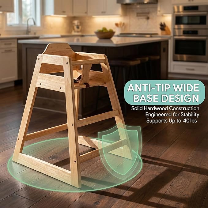 LA Baby Wooden High Chair - Restaurant Style Solid Wood Highchair for Babies and Toddlers - ASTM F404 Safety Certified - Stackable Design - Natural