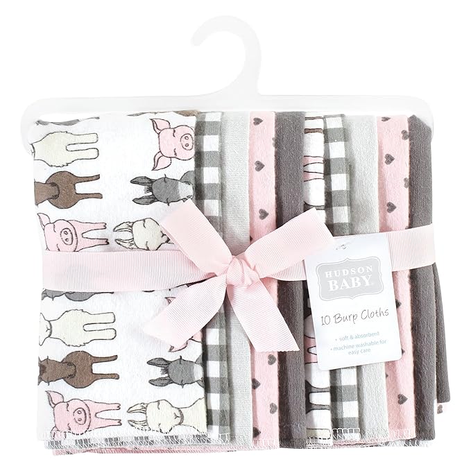 Hudson Baby Unisex Baby Cotton Flannel Burp Cloths, Farm Friends Pink 10-Pack, One Size