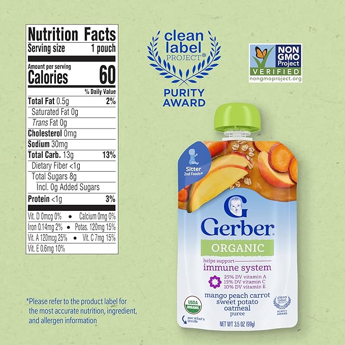 Gerber Organic Baby Food Pouches, Toddler, WonderFoods, Mango Peach Carrot Sweet Potato & Oatmeal, 3.5 Ounce (Pack of 12)