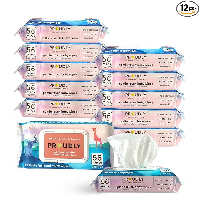 PROUDLY Gentle Touch Baby Wipes, Unscented & Hypoallergenic Wipes for Black & Brown Babies' Skin Care, 672 Count (12-Pack)