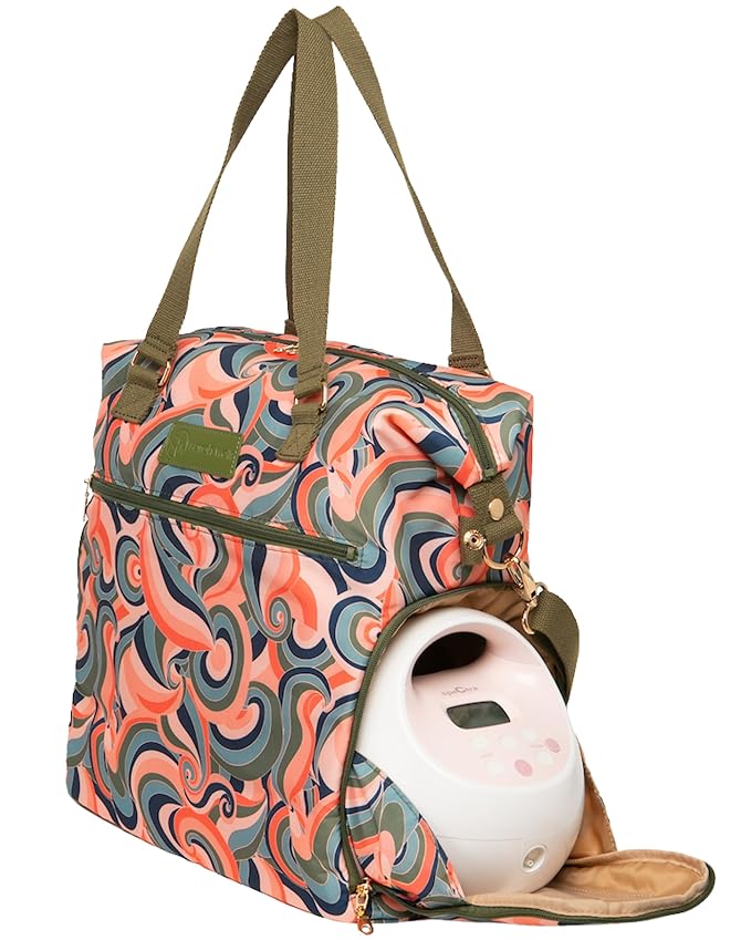 Sarah Wells Lizzy Breast Pump Bag – Stylish Pump Tote with Insulated Cooler Pocket, Laptop Sleeve – Fits Portable Pumps & More – Easy-Clean, Lightweight Breastfeeding Bag (Groovy)
