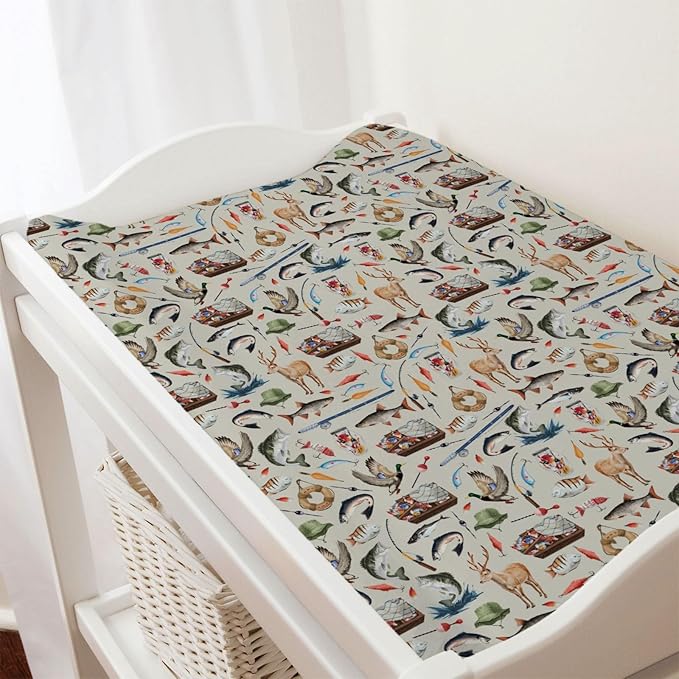 Vintage Hunting Fishing Baby Changing Pad Covers for Boy Girl 32''x16'' Fishing Hunting Deer Ducks Fitted Diaper Change Table Pad Mats Hunting Animal Soft Breathable Nursery Changing Table Sheets