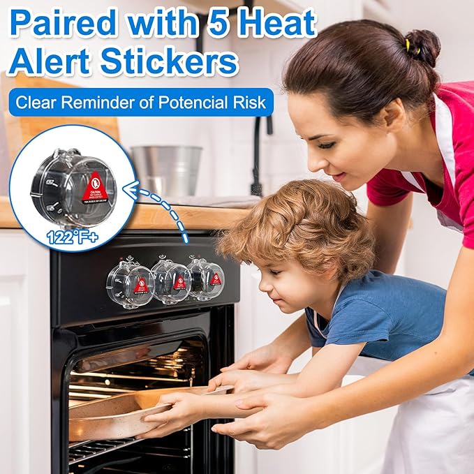 Stove Knob Covers for Child Safety – 5-Pack Heat-Resistant Oven Lock Knob Protectors with Heat Alert Stickers, Baby and Pets Proofing Stove Knob Guards for Gas & Electric Stoves(Clear-1)