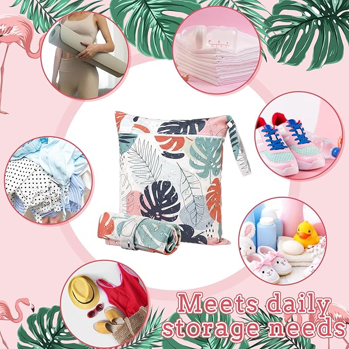 Sanwuta 2 Pack Wet Bags Resuable Waterproof Wet Dry Bag for Swimsuit Travel Beach Pool Bathing Diapers Dirty Yoga Gym Clothes Toiletries with Zippered Pockets (Leaf,Multicolor)