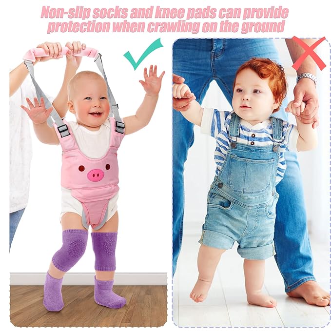 Xuniea Baby Walking Harness Breathable Handheld Baby Walker Assistant Belt Adjustable Toddler Walking Assistant with 4 Pairs Non-Slip Socks Grips 4 Pairs Baby Knee Pads for Crawling, 7-24 Months