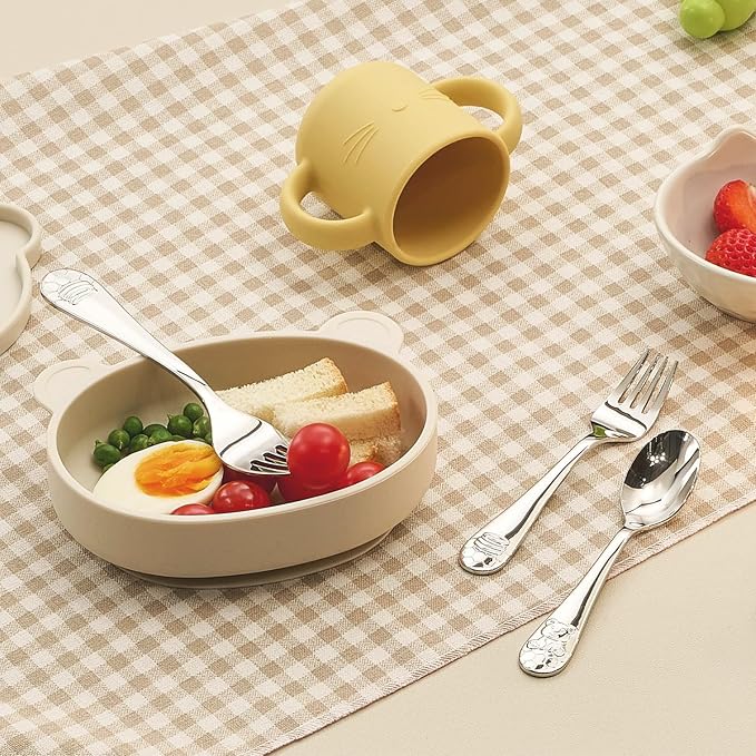 KINGSTONE Kids Silverware Set, 6-Piece Large Forks & Spoons, 18/10 Stainless Steel, Ergonomic Flatware for Self-Feeding Children, Home & Travel, Honey Bear Print