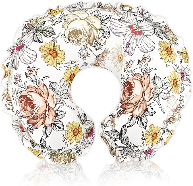 Ruffle Nursing Pillow Cover, Removable Stetchy Case for Breastfeeding Pillows, Ultra Soft and Breathable Feeding Pillow Slipcover with Modern Design Lace for Infant Girls Boys, Vintage Floral
