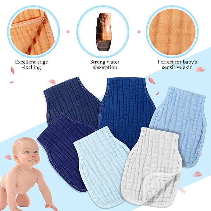 Frienda 6 Pieces Baby Muslin Burp Cloths Large 9 x 20 Inch 6 Layer Burp Cloth Multi Colors Muslin Washcloths Diapers Newborn Face Towels for Baby Boy Girl Unisex(Blue Series)