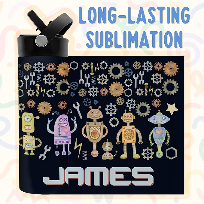 Personalized Kids Water Bottle with Straw Lid - 14 oz - 11 Wraparound Designs, Custom Water Bottle for Children, Back to School Gifts - BPA FREE, Double-Wall Insulated, Birthday Gifts - Robotic
