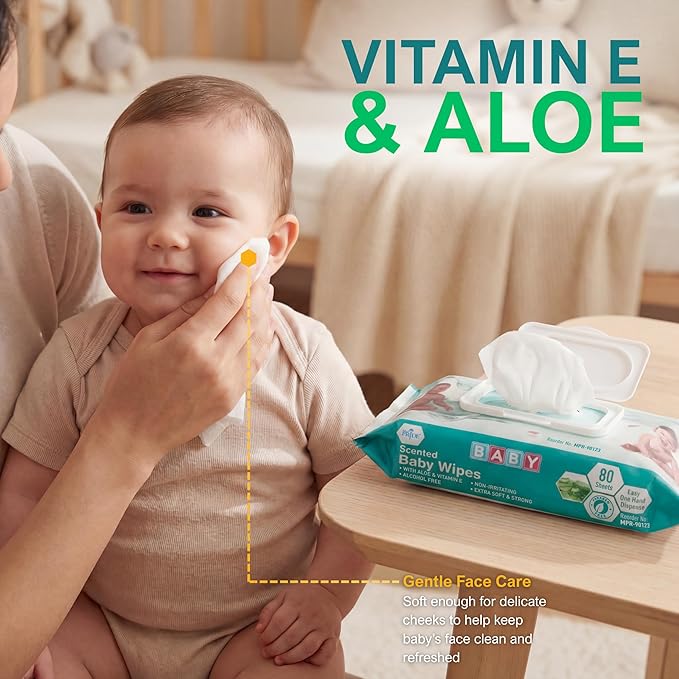 MED PRIDE Scented Baby Wipes, 12 Pack (80 Wipes Each), Aloe & Vitamin E, Alcohol Free, Paraben Free, Soft & Strong Baby Wet Wipes with Resealable Lid